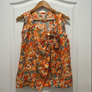 J. Crew Orange Floral Tank Top with Tie Front 100% Silk